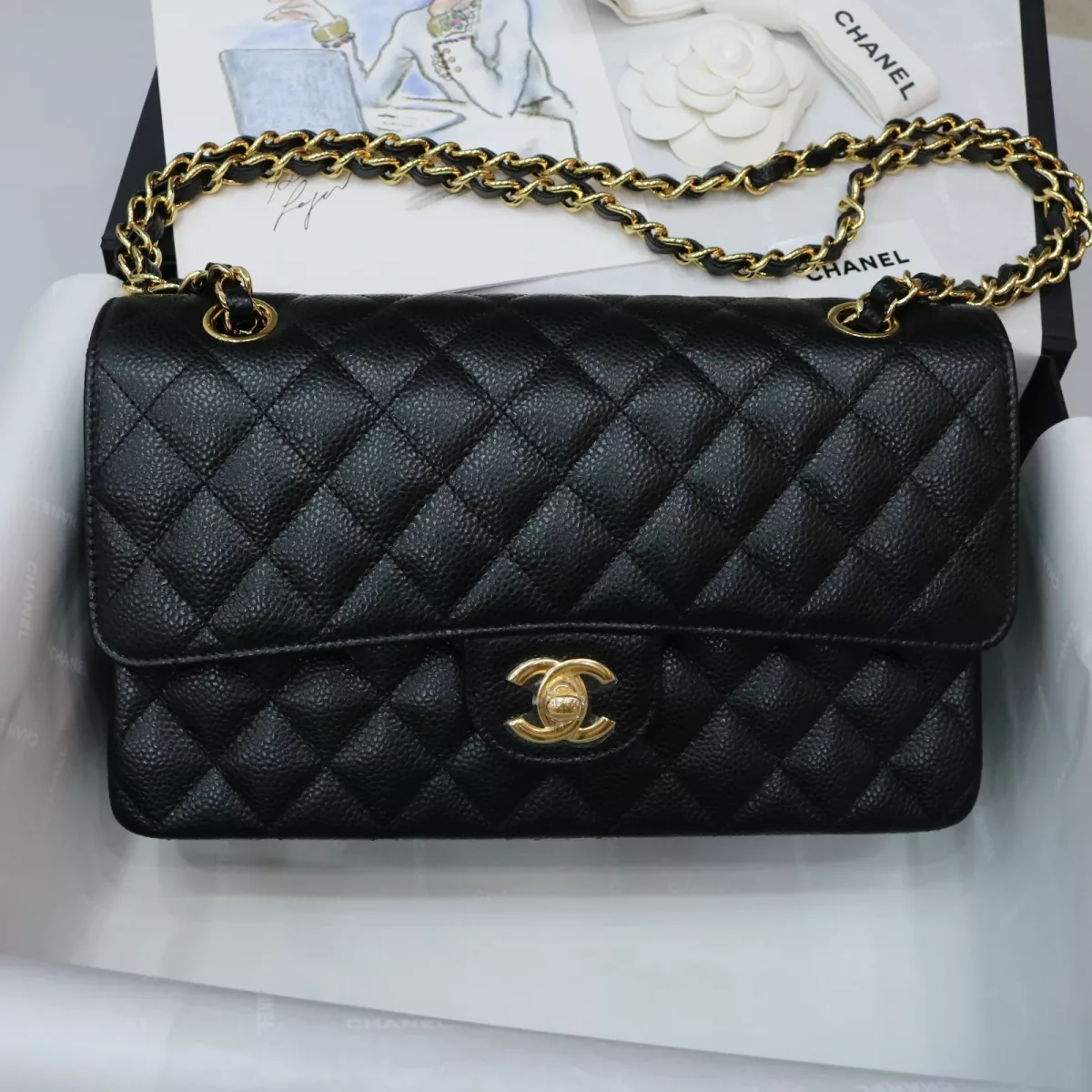 Chanel medium Classic Double Flap Bag Black Quilted Caviar Gold Hardware