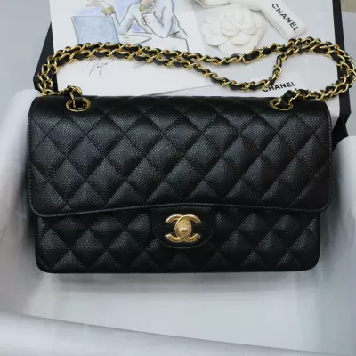 Chanel medium Classic Double Flap Bag Black Quilted Caviar Gold Hardware