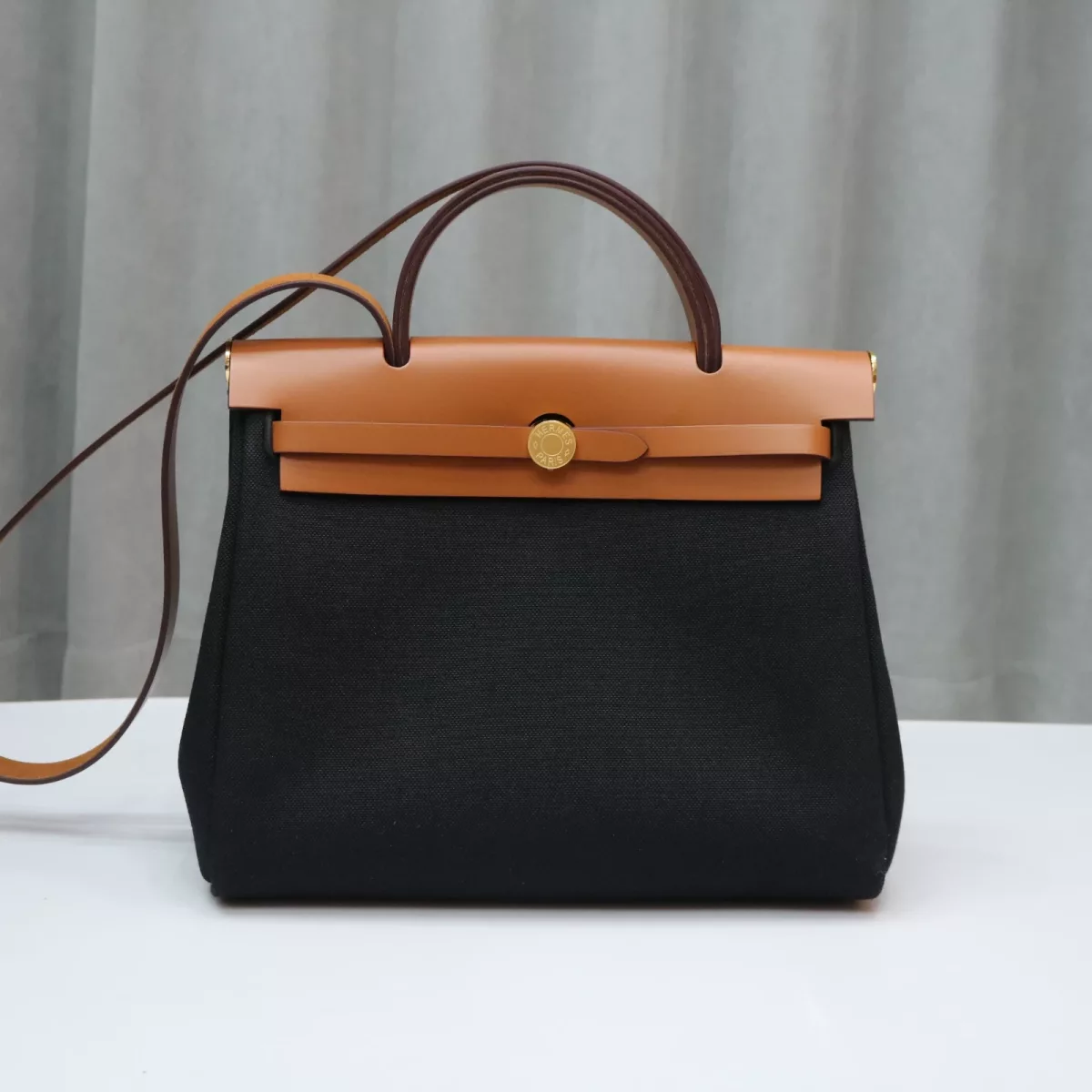 Herm&egrave;s Natural Vache Hunter and Black Toile Herbag Zip 31 Black Enamel and Gold Hardware
