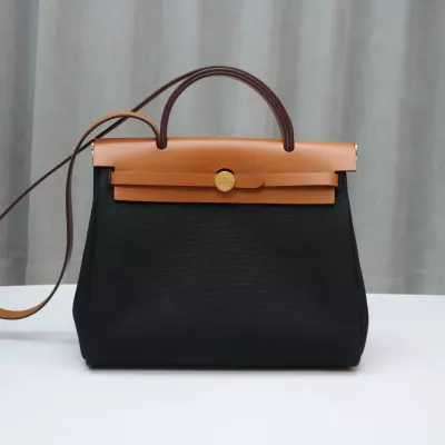 Herm&egrave;s Natural Vache Hunter and Black Toile Herbag Zip 31 Black Enamel and Gold Hardware
