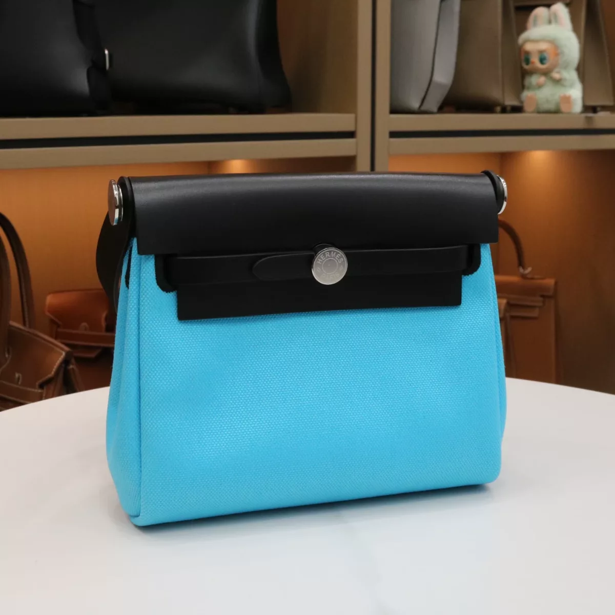 Herm&egrave;s Herbag Zip Mini 20 Nior (CK89) with Bleu Riviera Canvas Palladium Hardware